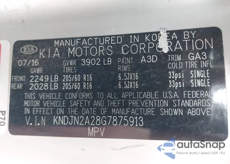 2016 Kia Soul z USA, uszkodzony, nr VIN KNDJN2A28G7875913